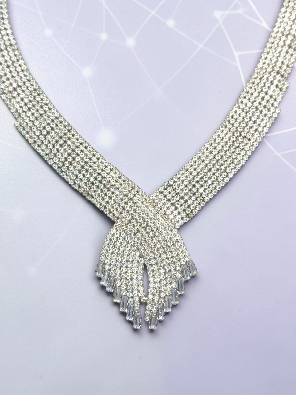 Silver-Tone CZ Bypass Style Statement Necklace